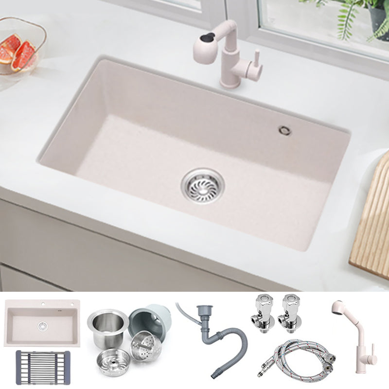 White Quartz Kitchen Sink Single Bowl Sink with Basket Strainer Sink with Faucet Pull Out Faucet Clearhalo 'Home Improvement' 'home_improvement' 'home_improvement_kitchen_sinks' 'Kitchen Remodel & Kitchen Fixtures' 'Kitchen Sinks & Faucet Components' 'Kitchen Sinks' 'kitchen_sinks' 6528794