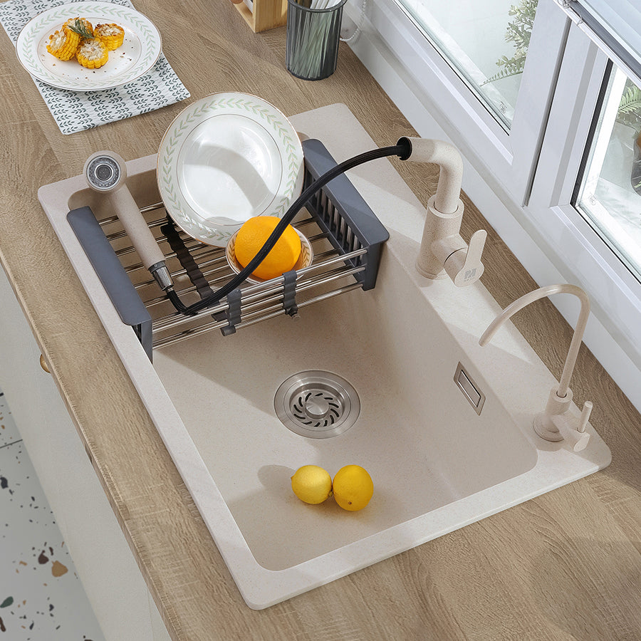 White Quartz Kitchen Sink Single Bowl Sink with Basket Strainer Clearhalo 'Home Improvement' 'home_improvement' 'home_improvement_kitchen_sinks' 'Kitchen Remodel & Kitchen Fixtures' 'Kitchen Sinks & Faucet Components' 'Kitchen Sinks' 'kitchen_sinks' 6528796