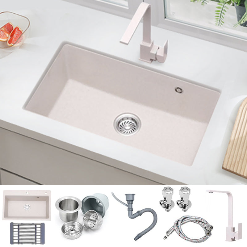 White Quartz Kitchen Sink Single Bowl Sink with Basket Strainer Sink with Faucet Square Faucet Clearhalo 'Home Improvement' 'home_improvement' 'home_improvement_kitchen_sinks' 'Kitchen Remodel & Kitchen Fixtures' 'Kitchen Sinks & Faucet Components' 'Kitchen Sinks' 'kitchen_sinks' 6528799