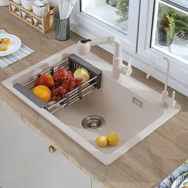 White Quartz Kitchen Sink Single Bowl Sink with Basket Strainer Clearhalo 'Home Improvement' 'home_improvement' 'home_improvement_kitchen_sinks' 'Kitchen Remodel & Kitchen Fixtures' 'Kitchen Sinks & Faucet Components' 'Kitchen Sinks' 'kitchen_sinks' 6528811