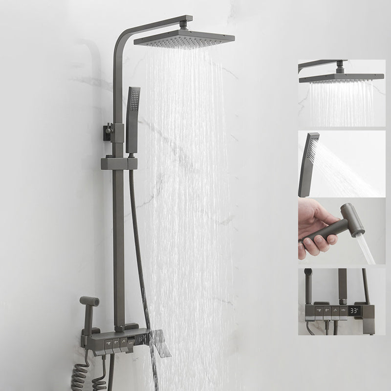 Modern Style Shower System Copper Spot Resist Wall Mounted Shower System Silver Gray Temperature Control Digital Display Included Clearhalo 'Bathroom Remodel & Bathroom Fixtures' 'Home Improvement' 'home_improvement' 'home_improvement_shower_faucets' 'Shower Faucets & Systems' 'shower_faucets' 'Showers & Bathtubs Plumbing' 'Showers & Bathtubs' 6528933