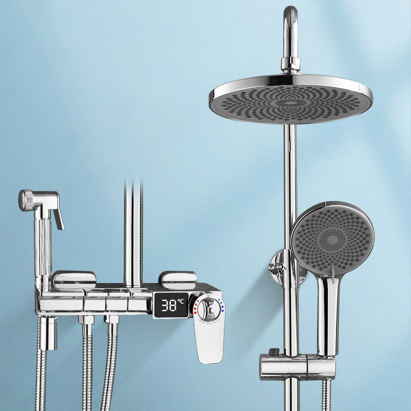 Modern Brass Shower System Adjustable Spray Pattern Shower Set Chrome Round Thermostatic Clearhalo 'Bathroom Remodel & Bathroom Fixtures' 'Home Improvement' 'home_improvement' 'home_improvement_shower_faucets' 'Shower Faucets & Systems' 'shower_faucets' 'Showers & Bathtubs Plumbing' 'Showers & Bathtubs' 6531339