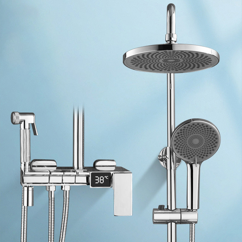 Modern Brass Shower System Adjustable Spray Pattern Shower Set Chrome Round Temperature Control Clearhalo 'Bathroom Remodel & Bathroom Fixtures' 'Home Improvement' 'home_improvement' 'home_improvement_shower_faucets' 'Shower Faucets & Systems' 'shower_faucets' 'Showers & Bathtubs Plumbing' 'Showers & Bathtubs' 6531340