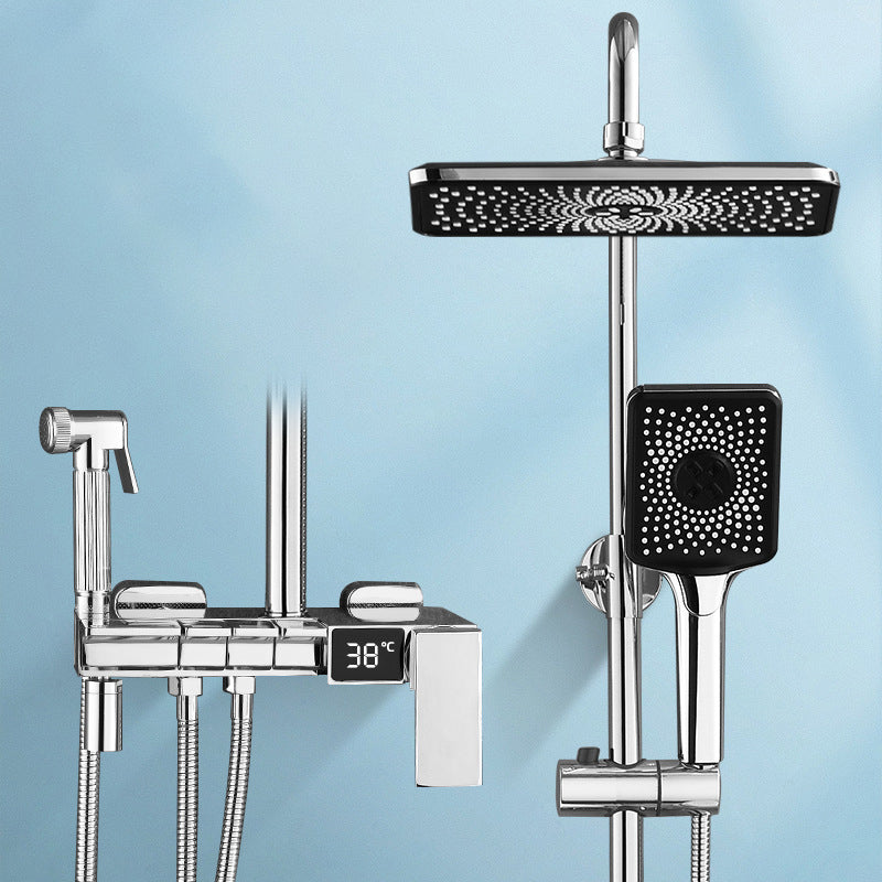 Modern Brass Shower System Adjustable Spray Pattern Shower Set Chrome Square Temperature Control Clearhalo 'Bathroom Remodel & Bathroom Fixtures' 'Home Improvement' 'home_improvement' 'home_improvement_shower_faucets' 'Shower Faucets & Systems' 'shower_faucets' 'Showers & Bathtubs Plumbing' 'Showers & Bathtubs' 6531344