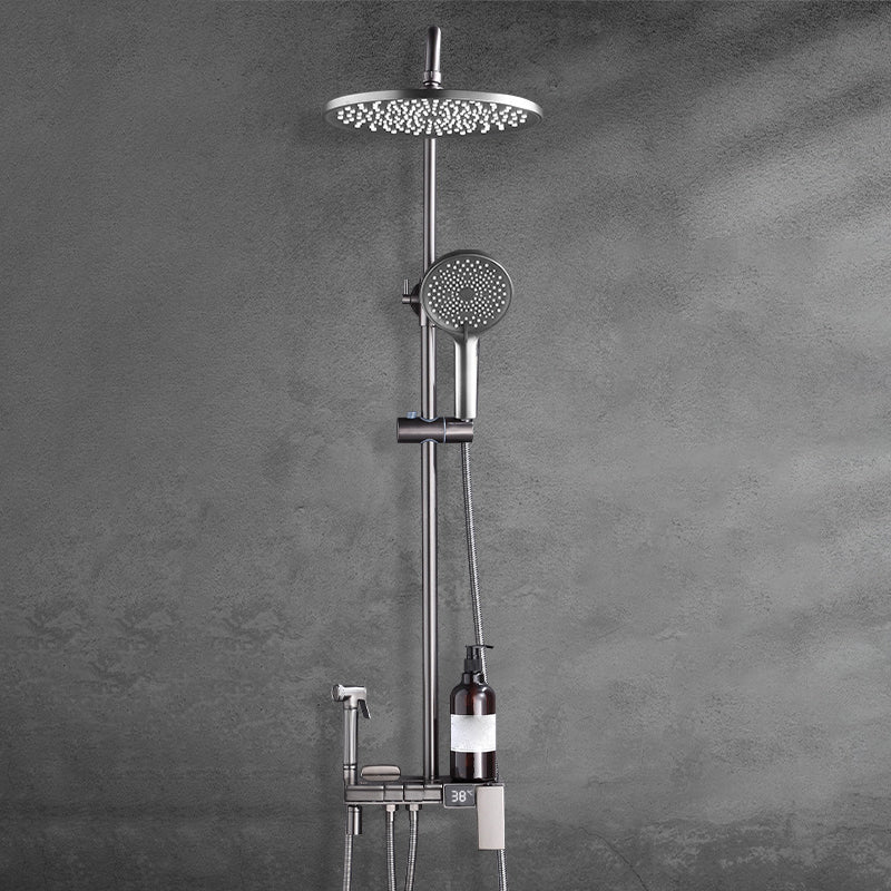 Modern Brass Shower System Adjustable Spray Pattern Shower Set Gun Grey Round Temperature Control Clearhalo 'Bathroom Remodel & Bathroom Fixtures' 'Home Improvement' 'home_improvement' 'home_improvement_shower_faucets' 'Shower Faucets & Systems' 'shower_faucets' 'Showers & Bathtubs Plumbing' 'Showers & Bathtubs' 6531347