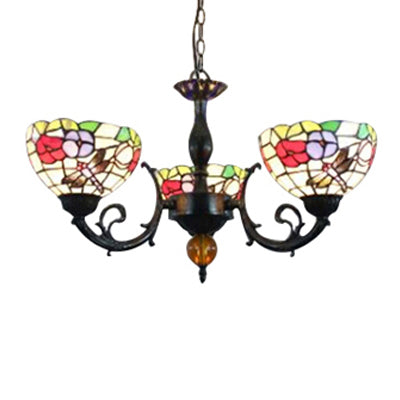 Bowl Chandelier Lamp Retro Stained Glass 3-Light Ceiling Pendant Chandelier with Dragonfly and Flower Pattern in Black Black Flower Clearhalo 'Ceiling Lights' 'Chandeliers' 'Industrial' 'Middle Century Chandeliers' 'Pendant Lights' 'Tiffany Chandeliers' 'Tiffany close to ceiling' 'Tiffany' Lighting' 65358