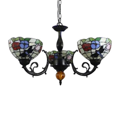 Bowl Chandelier Lamp Retro Stained Glass 3-Light Ceiling Pendant Chandelier with Dragonfly and Flower Pattern in Black Clearhalo 'Ceiling Lights' 'Chandeliers' 'Industrial' 'Middle Century Chandeliers' 'Pendant Lights' 'Tiffany Chandeliers' 'Tiffany close to ceiling' 'Tiffany' Lighting' 65359
