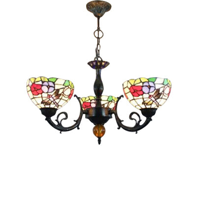 Bowl Chandelier Lamp Retro Stained Glass 3-Light Ceiling Pendant Chandelier with Dragonfly and Flower Pattern in Black Clearhalo 'Ceiling Lights' 'Chandeliers' 'Industrial' 'Middle Century Chandeliers' 'Pendant Lights' 'Tiffany Chandeliers' 'Tiffany close to ceiling' 'Tiffany' Lighting' 65360