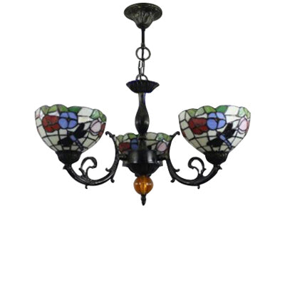 Bowl Chandelier Lamp Retro Stained Glass 3-Light Ceiling Pendant Chandelier with Dragonfly and Flower Pattern in Black Clearhalo 'Ceiling Lights' 'Chandeliers' 'Industrial' 'Middle Century Chandeliers' 'Pendant Lights' 'Tiffany Chandeliers' 'Tiffany close to ceiling' 'Tiffany' Lighting' 65361