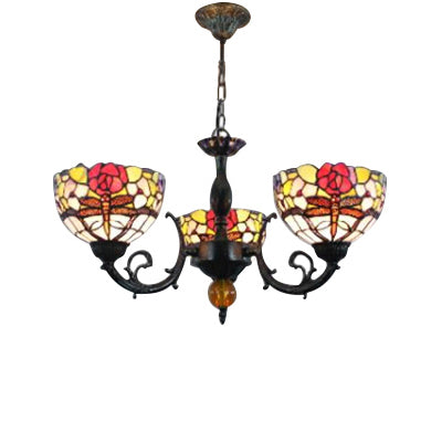 Bowl Chandelier Lamp Retro Stained Glass 3-Light Ceiling Pendant Chandelier with Dragonfly and Flower Pattern in Black Black Rose Clearhalo 'Ceiling Lights' 'Chandeliers' 'Industrial' 'Middle Century Chandeliers' 'Pendant Lights' 'Tiffany Chandeliers' 'Tiffany close to ceiling' 'Tiffany' Lighting' 65362