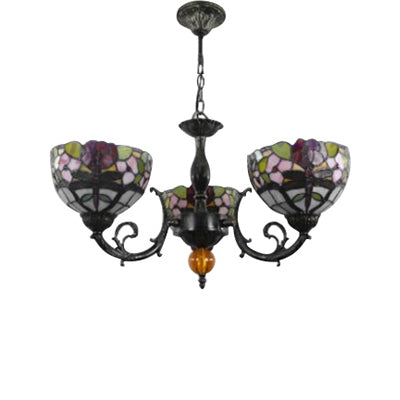 Bowl Chandelier Lamp Retro Stained Glass 3-Light Ceiling Pendant Chandelier with Dragonfly and Flower Pattern in Black Clearhalo 'Ceiling Lights' 'Chandeliers' 'Industrial' 'Middle Century Chandeliers' 'Pendant Lights' 'Tiffany Chandeliers' 'Tiffany close to ceiling' 'Tiffany' Lighting' 65363