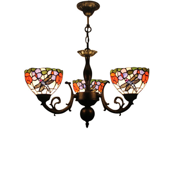 Bowl Chandelier Lamp Retro Stained Glass 3-Light Ceiling Pendant Chandelier with Dragonfly and Flower Pattern in Black Black Dragonfly Clearhalo 'Ceiling Lights' 'Chandeliers' 'Industrial' 'Middle Century Chandeliers' 'Pendant Lights' 'Tiffany Chandeliers' 'Tiffany close to ceiling' 'Tiffany' Lighting' 65364