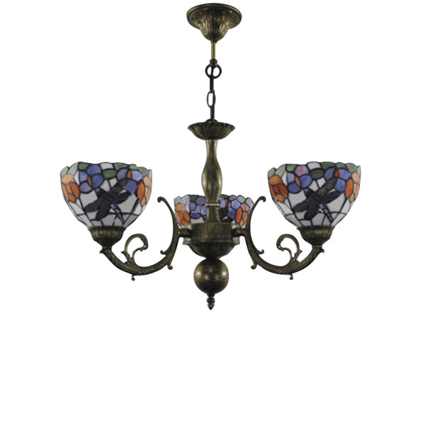 Bowl Chandelier Lamp Retro Stained Glass 3-Light Ceiling Pendant Chandelier with Dragonfly and Flower Pattern in Black Clearhalo 'Ceiling Lights' 'Chandeliers' 'Industrial' 'Middle Century Chandeliers' 'Pendant Lights' 'Tiffany Chandeliers' 'Tiffany close to ceiling' 'Tiffany' Lighting' 65365
