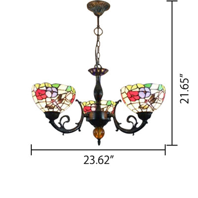 Bowl Chandelier Lamp Retro Stained Glass 3-Light Ceiling Pendant Chandelier with Dragonfly and Flower Pattern in Black Clearhalo 'Ceiling Lights' 'Chandeliers' 'Industrial' 'Middle Century Chandeliers' 'Pendant Lights' 'Tiffany Chandeliers' 'Tiffany close to ceiling' 'Tiffany' Lighting' 65366