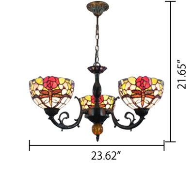 Bowl Chandelier Lamp Retro Stained Glass 3-Light Ceiling Pendant Chandelier with Dragonfly and Flower Pattern in Black Clearhalo 'Ceiling Lights' 'Chandeliers' 'Industrial' 'Middle Century Chandeliers' 'Pendant Lights' 'Tiffany Chandeliers' 'Tiffany close to ceiling' 'Tiffany' Lighting' 65367