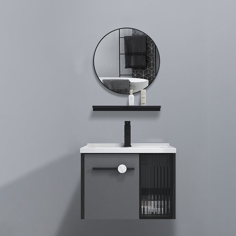 Wall Mount Bath Vanity Set Mirror Grey Rectangle Wood Bathroom Vanity with Single Sink Vanity & Faucet & Round Mirror 24"L x 16"W x 18"H Clearhalo 'Bathroom Remodel & Bathroom Fixtures' 'Bathroom Vanities' 'bathroom_vanities' 'Home Improvement' 'home_improvement' 'home_improvement_bathroom_vanities' 6540416