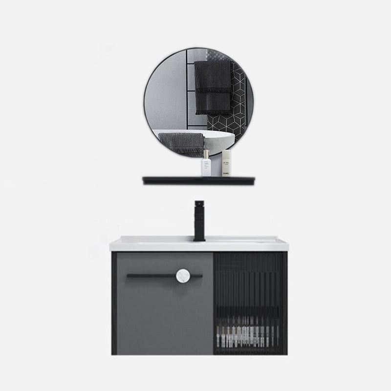 Wall Mount Bath Vanity Set Mirror Grey Rectangle Wood Bathroom Vanity with Single Sink Vanity & Faucet & Round Mirror Clearhalo 'Bathroom Remodel & Bathroom Fixtures' 'Bathroom Vanities' 'bathroom_vanities' 'Home Improvement' 'home_improvement' 'home_improvement_bathroom_vanities' 6540417
