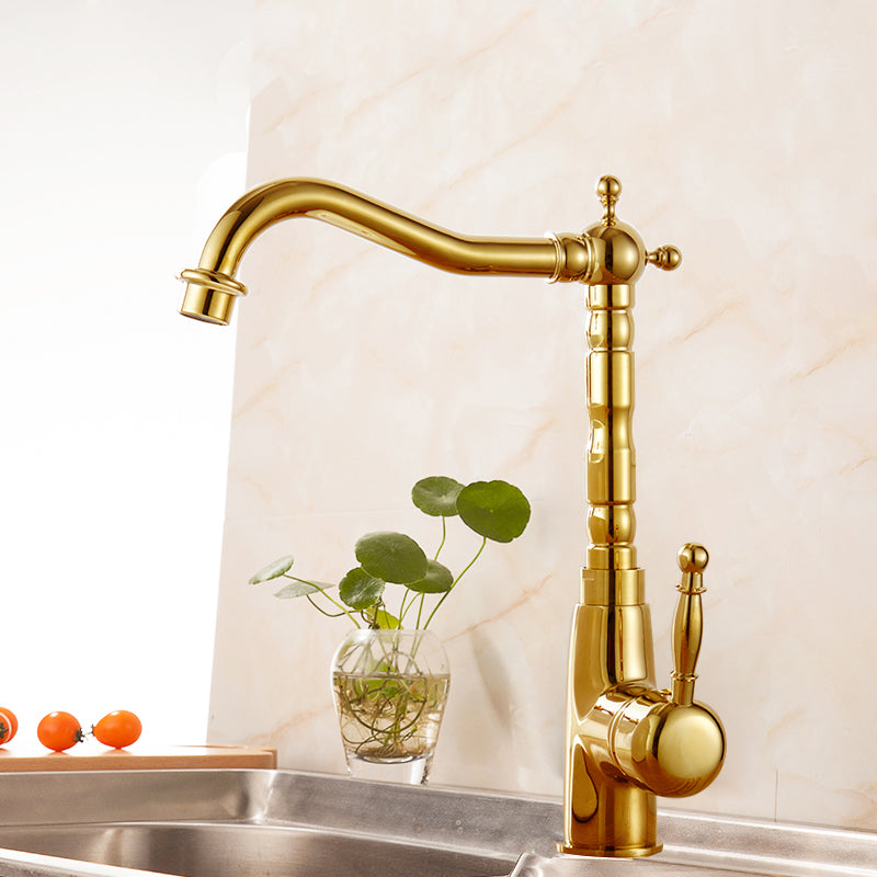 Traditional Bar Faucet 1-Handle with Supply Lines Kitchen Faucet in Gold 7 Shape Clearhalo 'Home Improvement' 'home_improvement' 'home_improvement_kitchen_faucets' 'Kitchen Faucets' 'Kitchen Remodel & Kitchen Fixtures' 'Kitchen Sinks & Faucet Components' 'kitchen_faucets' 6540606