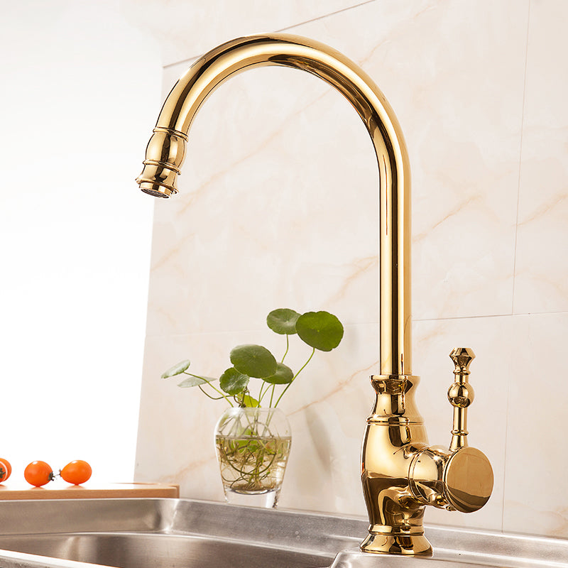 Traditional Bar Faucet 1-Handle with Supply Lines Kitchen Faucet in Gold Gooseneck Clearhalo 'Home Improvement' 'home_improvement' 'home_improvement_kitchen_faucets' 'Kitchen Faucets' 'Kitchen Remodel & Kitchen Fixtures' 'Kitchen Sinks & Faucet Components' 'kitchen_faucets' 6540607