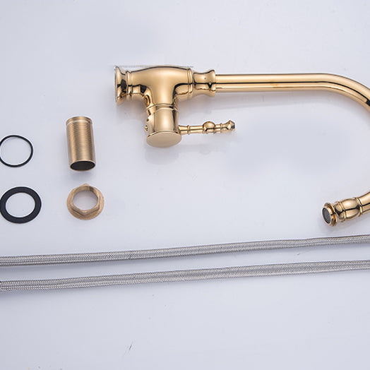 Traditional Bar Faucet 1-Handle with Supply Lines Kitchen Faucet in Gold Clearhalo 'Home Improvement' 'home_improvement' 'home_improvement_kitchen_faucets' 'Kitchen Faucets' 'Kitchen Remodel & Kitchen Fixtures' 'Kitchen Sinks & Faucet Components' 'kitchen_faucets' 6540614