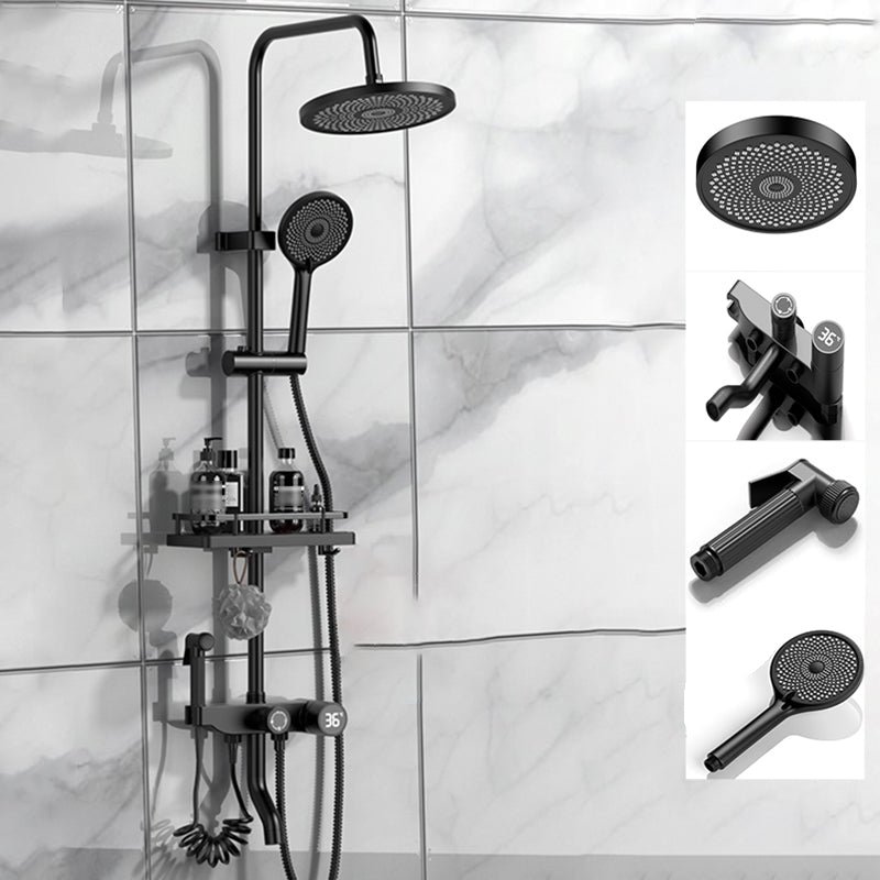 Modern Style Shower System Spot Resist Wall Mounted Shower System Textured Black Temperature Control Digital Display Included Clearhalo 'Bathroom Remodel & Bathroom Fixtures' 'Home Improvement' 'home_improvement' 'home_improvement_shower_faucets' 'Shower Faucets & Systems' 'shower_faucets' 'Showers & Bathtubs Plumbing' 'Showers & Bathtubs' 6540646