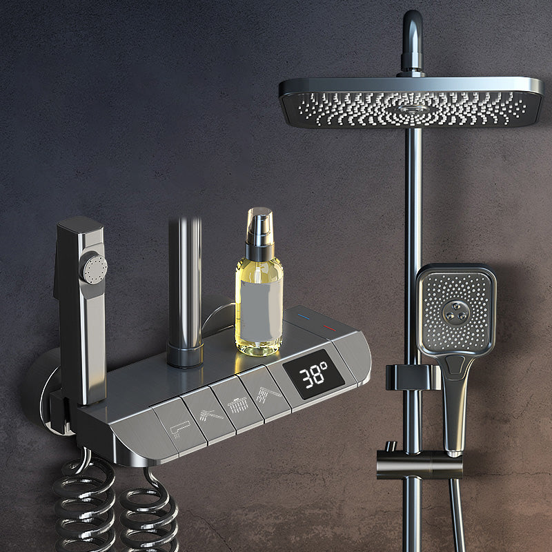 Modern Style Rectangle Shower System Spot Resist Copper Wall Mounted Shower System Gun Grey Digital Display Included Clearhalo 'Bathroom Remodel & Bathroom Fixtures' 'Home Improvement' 'home_improvement' 'home_improvement_shower_faucets' 'Shower Faucets & Systems' 'shower_faucets' 'Showers & Bathtubs Plumbing' 'Showers & Bathtubs' 6540696
