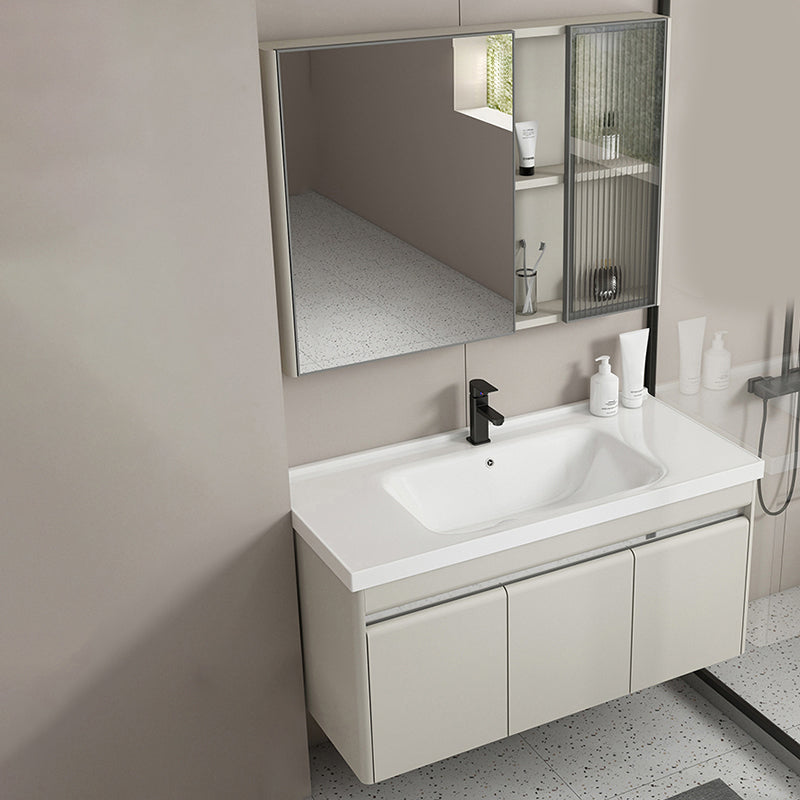 Modern Metal Sink Vanity Wall Mount Khaki Tone Bathroom Vanity with Mirror Cabinet Vanity & Faucet & Mirror Cabinet Apricot Clearhalo 'Bathroom Remodel & Bathroom Fixtures' 'Bathroom Vanities' 'bathroom_vanities' 'Home Improvement' 'home_improvement' 'home_improvement_bathroom_vanities' 6540789