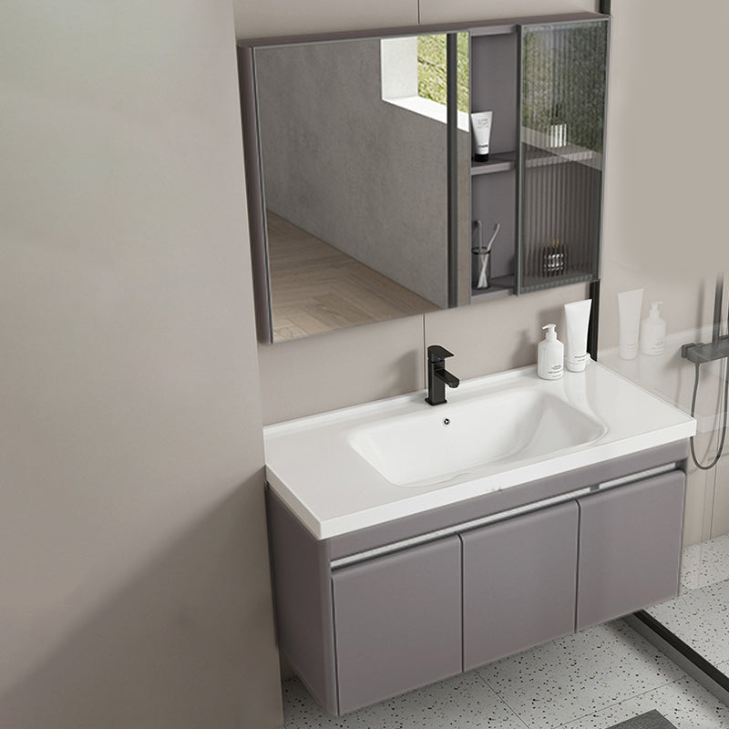 Modern Metal Sink Vanity Wall Mount Khaki Tone Bathroom Vanity with Mirror Cabinet Vanity & Faucet & Mirror Cabinet Grey Clearhalo 'Bathroom Remodel & Bathroom Fixtures' 'Bathroom Vanities' 'bathroom_vanities' 'Home Improvement' 'home_improvement' 'home_improvement_bathroom_vanities' 6540790