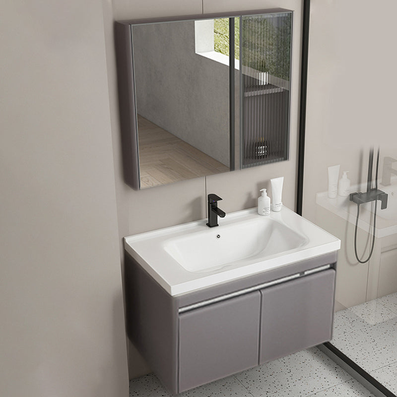 Modern Metal Sink Vanity Wall Mount Khaki Tone Bathroom Vanity with Mirror Cabinet Vanity & Faucet & Mirror Cabinet 32"L x 19"W x 19"H Grey Clearhalo 'Bathroom Remodel & Bathroom Fixtures' 'Bathroom Vanities' 'bathroom_vanities' 'Home Improvement' 'home_improvement' 'home_improvement_bathroom_vanities' 6540794