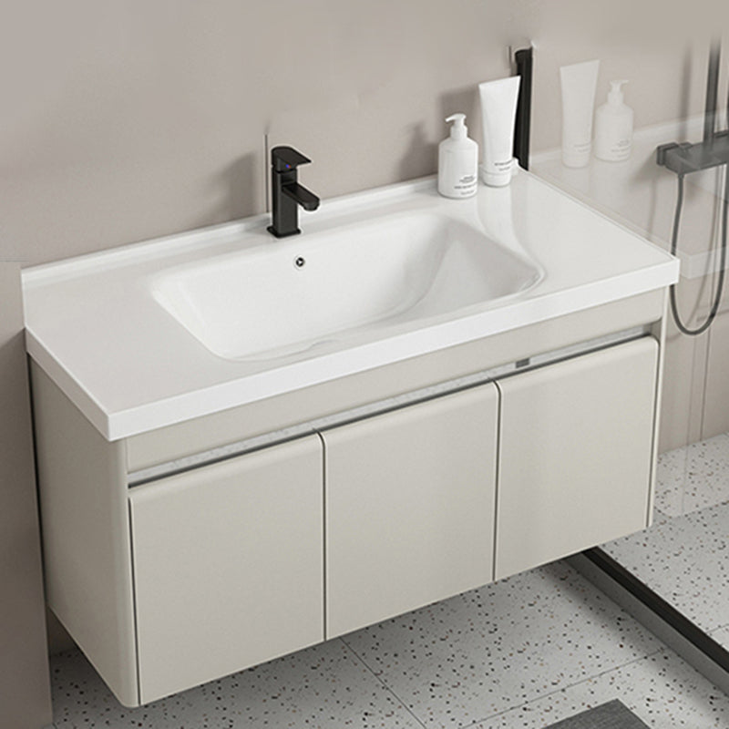 Modern Metal Sink Vanity Wall Mount Khaki Tone Bathroom Vanity with Mirror Cabinet Vanity & Faucet Apricot Clearhalo 'Bathroom Remodel & Bathroom Fixtures' 'Bathroom Vanities' 'bathroom_vanities' 'Home Improvement' 'home_improvement' 'home_improvement_bathroom_vanities' 6540795