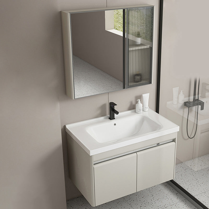 Modern Metal Sink Vanity Wall Mount Khaki Tone Bathroom Vanity with Mirror Cabinet Vanity & Faucet & Mirror Cabinet Apricot Clearhalo 'Bathroom Remodel & Bathroom Fixtures' 'Bathroom Vanities' 'bathroom_vanities' 'Home Improvement' 'home_improvement' 'home_improvement_bathroom_vanities' 6540796