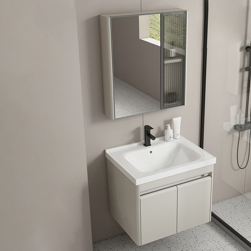 Modern Metal Sink Vanity Wall Mount Khaki Tone Bathroom Vanity with Mirror Cabinet Vanity & Faucet & Mirror Cabinet 24"L x 19"W x 19"H Apricot Clearhalo 'Bathroom Remodel & Bathroom Fixtures' 'Bathroom Vanities' 'bathroom_vanities' 'Home Improvement' 'home_improvement' 'home_improvement_bathroom_vanities' 6540797