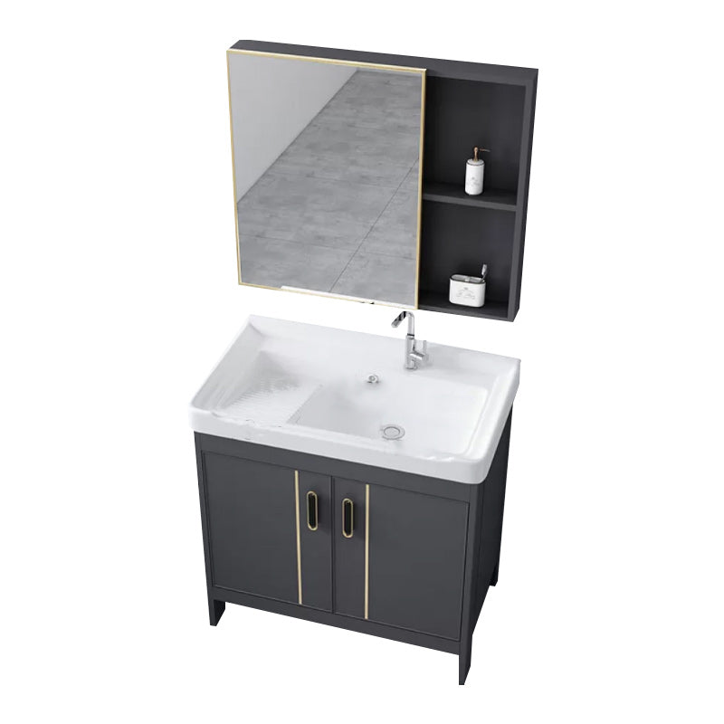 Metal Bathroom Vanity Set 2 Doors Freestanding Rectangle Single Sink Bathroom with Mirror Vanity & Faucet & Mirror Cabinet Grey Clearhalo 'Bathroom Remodel & Bathroom Fixtures' 'Bathroom Vanities' 'bathroom_vanities' 'Home Improvement' 'home_improvement' 'home_improvement_bathroom_vanities' 6540859