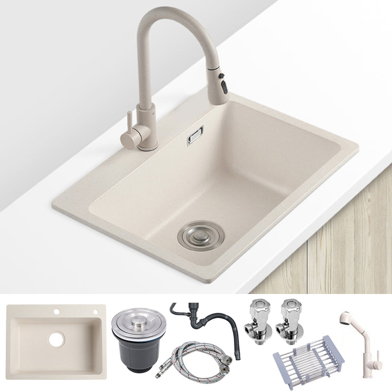 White Quartz Kitchen Sink Rectangle Single Bowl Sink with Basket Strainer Sink with Faucet Pull Out Faucet Clearhalo 'Home Improvement' 'home_improvement' 'home_improvement_kitchen_sinks' 'Kitchen Remodel & Kitchen Fixtures' 'Kitchen Sinks & Faucet Components' 'Kitchen Sinks' 'kitchen_sinks' 6540990