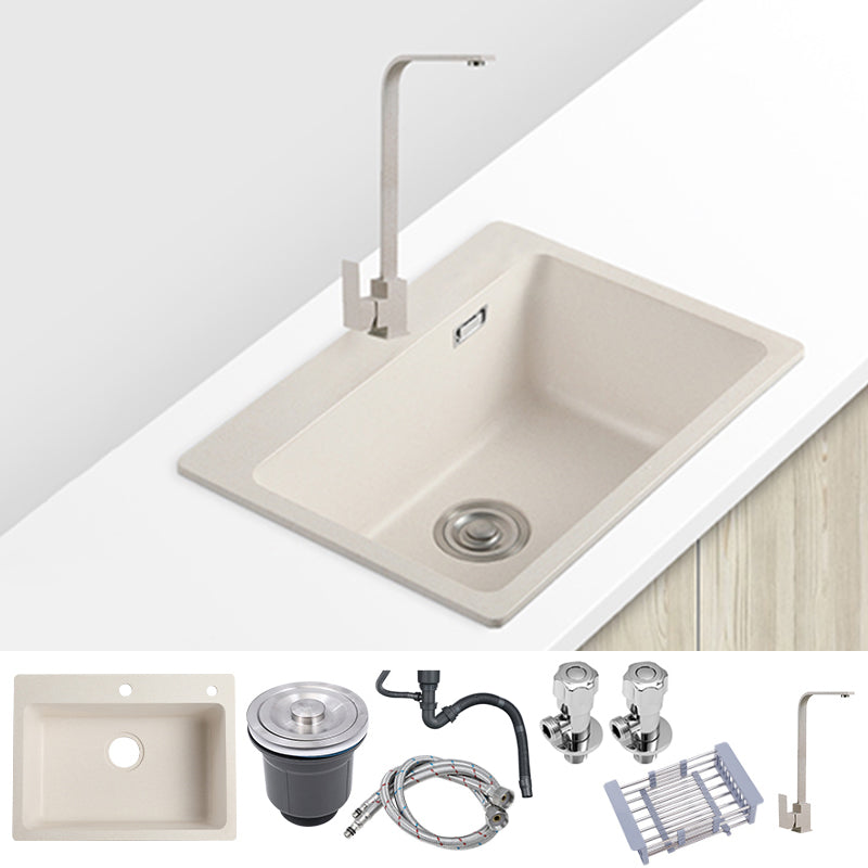 White Quartz Kitchen Sink Rectangle Single Bowl Sink with Basket Strainer Sink with Faucet Square Faucet Clearhalo 'Home Improvement' 'home_improvement' 'home_improvement_kitchen_sinks' 'Kitchen Remodel & Kitchen Fixtures' 'Kitchen Sinks & Faucet Components' 'Kitchen Sinks' 'kitchen_sinks' 6540995