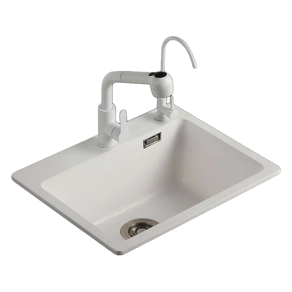 White Quartz Kitchen Sink Rectangle Single Bowl Sink with Basket Strainer Clearhalo 'Home Improvement' 'home_improvement' 'home_improvement_kitchen_sinks' 'Kitchen Remodel & Kitchen Fixtures' 'Kitchen Sinks & Faucet Components' 'Kitchen Sinks' 'kitchen_sinks' 6540996