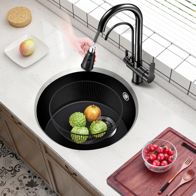 Black Quartz Kitchen Sink Round Single Bowl Sink with Basket Strainer Clearhalo 'Home Improvement' 'home_improvement' 'home_improvement_kitchen_sinks' 'Kitchen Remodel & Kitchen Fixtures' 'Kitchen Sinks & Faucet Components' 'Kitchen Sinks' 'kitchen_sinks' 6541097
