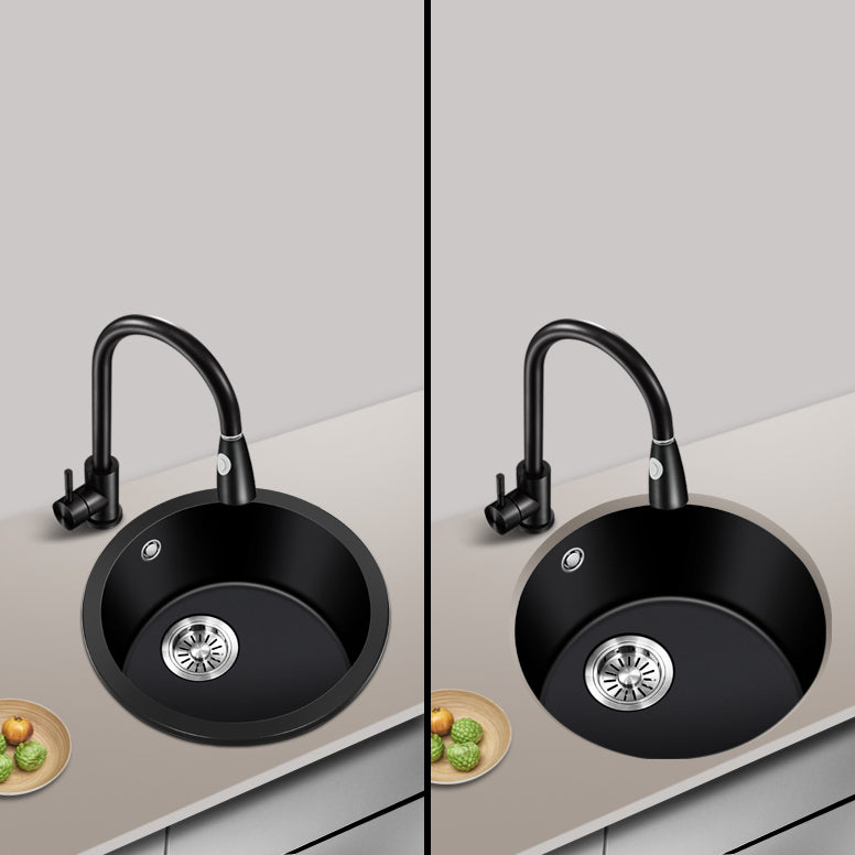 Black Quartz Kitchen Sink Round Single Bowl Sink with Basket Strainer Clearhalo 'Home Improvement' 'home_improvement' 'home_improvement_kitchen_sinks' 'Kitchen Remodel & Kitchen Fixtures' 'Kitchen Sinks & Faucet Components' 'Kitchen Sinks' 'kitchen_sinks' 6541099