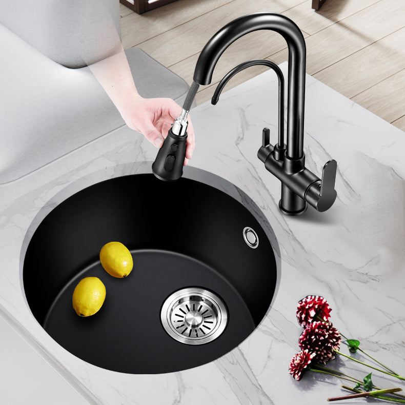 Black Quartz Kitchen Sink Round Single Bowl Sink with Basket Strainer Clearhalo 'Home Improvement' 'home_improvement' 'home_improvement_kitchen_sinks' 'Kitchen Remodel & Kitchen Fixtures' 'Kitchen Sinks & Faucet Components' 'Kitchen Sinks' 'kitchen_sinks' 6541112