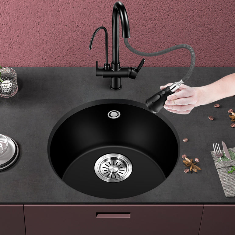 Black Quartz Kitchen Sink Round Single Bowl Sink with Basket Strainer Clearhalo 'Home Improvement' 'home_improvement' 'home_improvement_kitchen_sinks' 'Kitchen Remodel & Kitchen Fixtures' 'Kitchen Sinks & Faucet Components' 'Kitchen Sinks' 'kitchen_sinks' 6541113