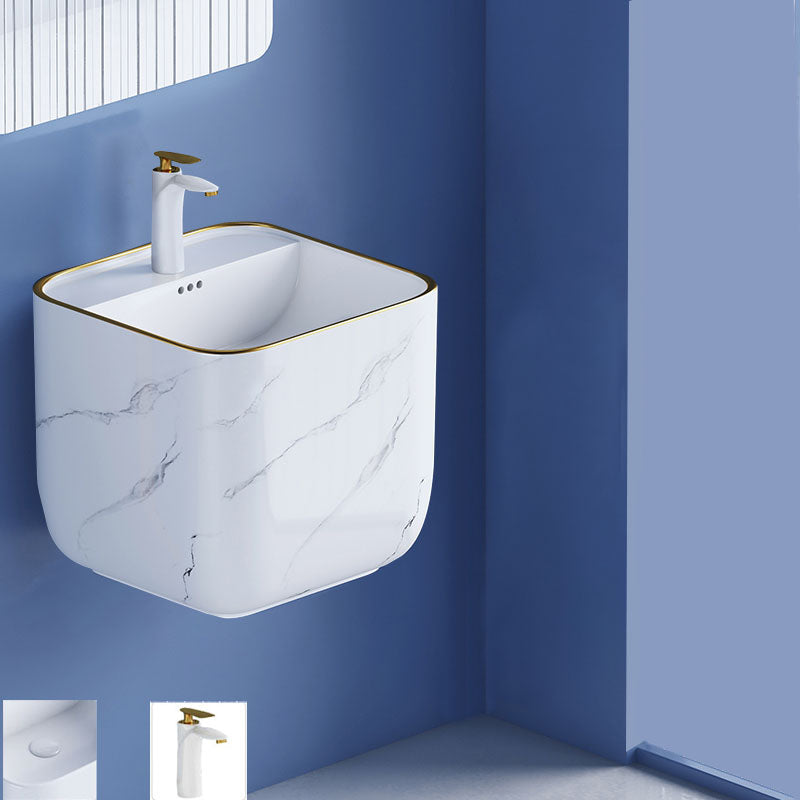 Modern Wall Mount Bathroom Sink Square Porcelain with Faucet Vessel Sink 18"L x 17"W x 16"H White Gold Sink Clearhalo 'Bathroom Remodel & Bathroom Fixtures' 'Bathroom Sinks & Faucet Components' 'Bathroom Sinks' 'bathroom_sink' 'Home Improvement' 'home_improvement' 'home_improvement_bathroom_sink' 6541324