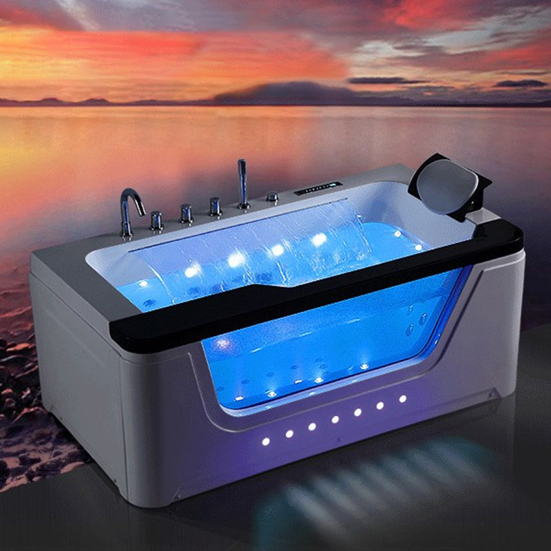 Modern Acrylic Bathtub White Rectangle Back to Wall with Drain Bath Tub and Massage Device 68"L x 36"W x 27"H Massage+Waterfall+Constant Temperature+Bubble+Color Lamp+Ozone Tub with Silver 5-Piece Set Clearhalo 'Bathroom Remodel & Bathroom Fixtures' 'Bathtubs' 'Home Improvement' 'home_improvement' 'home_improvement_bathtubs' 'Showers & Bathtubs' 6542103