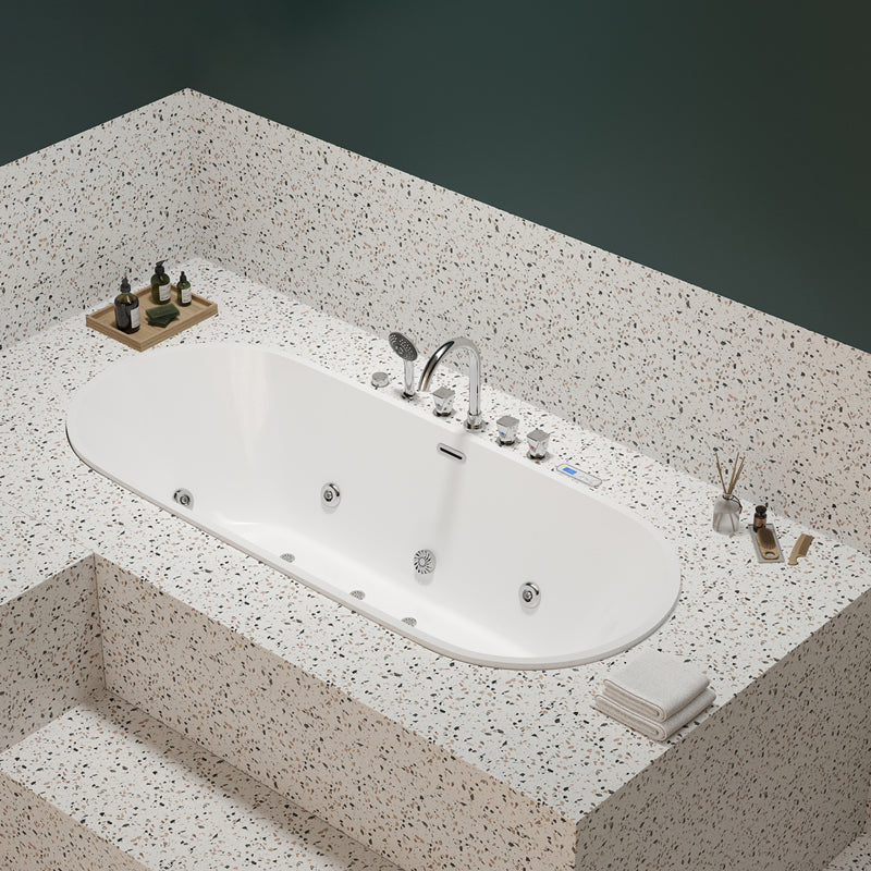 Modern White Ellipse Embedded Bathtub Acrylic with Drain Bath Tub 59"L x 30"W x 23"H Message & Temperature & Bubble & Light Tub with Silver 5-Piece Set Clearhalo 'Bathroom Remodel & Bathroom Fixtures' 'Bathtubs' 'Home Improvement' 'home_improvement' 'home_improvement_bathtubs' 'Showers & Bathtubs' 6548293