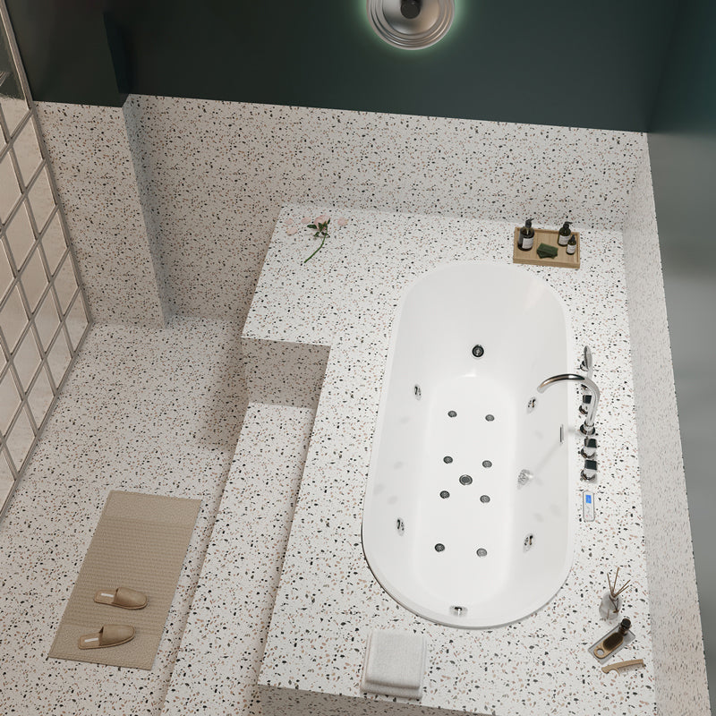 Modern White Ellipse Embedded Bathtub Acrylic with Drain Bath Tub 63"L x 31"W x 23"H Message & Temperature & Bubble & Light Tub with Silver 5-Piece Set Clearhalo 'Bathroom Remodel & Bathroom Fixtures' 'Bathtubs' 'Home Improvement' 'home_improvement' 'home_improvement_bathtubs' 'Showers & Bathtubs' 6548298