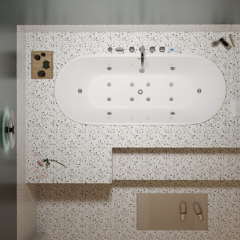 Modern White Ellipse Embedded Bathtub Acrylic with Drain Bath Tub 55"L x 30"W x 23"H Message & Temperature & Bubble & Light Tub with Silver 5-Piece Set Clearhalo 'Bathroom Remodel & Bathroom Fixtures' 'Bathtubs' 'Home Improvement' 'home_improvement' 'home_improvement_bathtubs' 'Showers & Bathtubs' 6548300