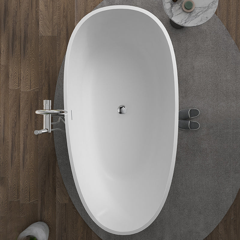 Modern Ellipse Stone Bathtub Freestand Soaking Bathtub with Overflow Hole Matte White 59"L x 31"W x 21"H Clearhalo 'Bathroom Remodel & Bathroom Fixtures' 'Bathtubs' 'Home Improvement' 'home_improvement' 'home_improvement_bathtubs' 'Showers & Bathtubs' 6548314