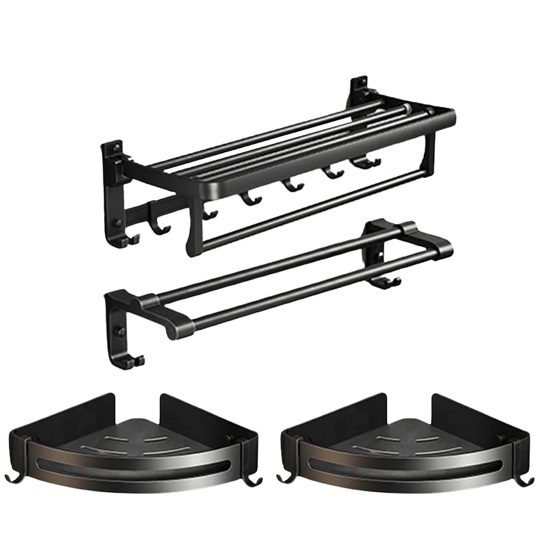 Contemporary Black Finish Bathroom Accessory Set with Bath Shelf/Towel Bar Vertical 4-Piece Set (Towel Bar) Clearhalo 'Bathroom Hardware Sets' 'Bathroom Hardware' 'Bathroom Remodel & Bathroom Fixtures' 'bathroom_hardware_sets' 'Home Improvement' 'home_improvement' 'home_improvement_bathroom_hardware_sets' 6550697