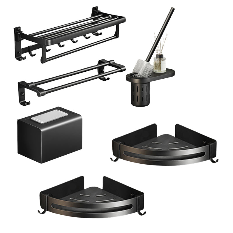 Contemporary Black Finish Bathroom Accessory Set with Bath Shelf/Towel Bar Vertical Bar 6-Piece Set Clearhalo 'Bathroom Hardware Sets' 'Bathroom Hardware' 'Bathroom Remodel & Bathroom Fixtures' 'bathroom_hardware_sets' 'Home Improvement' 'home_improvement' 'home_improvement_bathroom_hardware_sets' 6550703