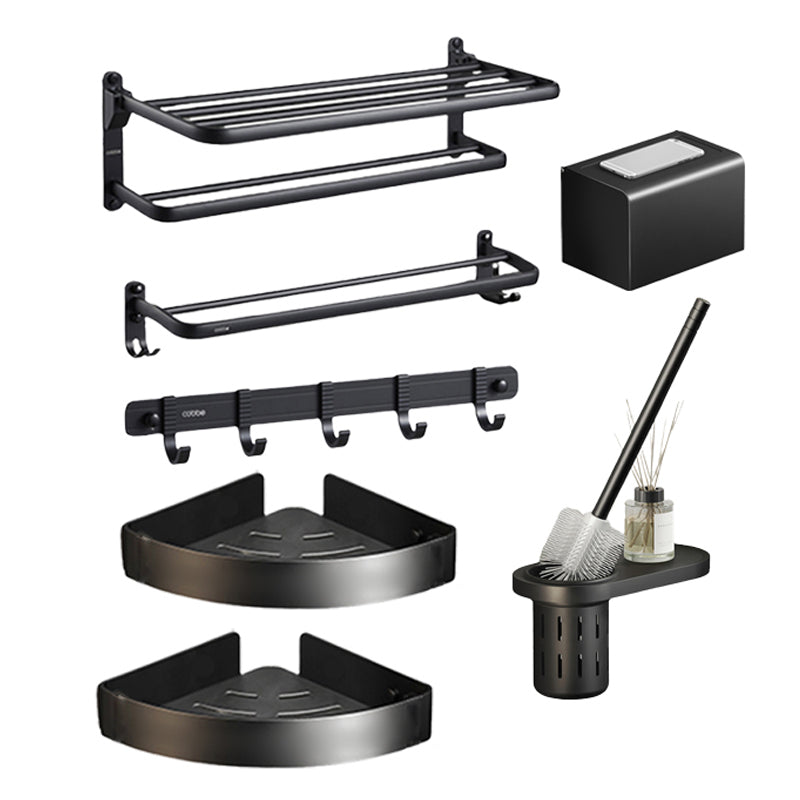 Contemporary Black Finish Bathroom Accessory Set with Bath Shelf/Towel Bar Horizontal Bar 7-Piece Set Clearhalo 'Bathroom Hardware Sets' 'Bathroom Hardware' 'Bathroom Remodel & Bathroom Fixtures' 'bathroom_hardware_sets' 'Home Improvement' 'home_improvement' 'home_improvement_bathroom_hardware_sets' 6550706