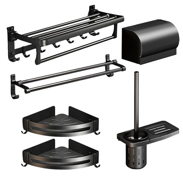 Classic Bath Hardware Set in Aluminum Black Finish Robe Hooks/ Towel Bar Vertical Bar 6-Piece Set Clearhalo 'Bathroom Hardware Sets' 'Bathroom Hardware' 'Bathroom Remodel & Bathroom Fixtures' 'bathroom_hardware_sets' 'Home Improvement' 'home_improvement' 'home_improvement_bathroom_hardware_sets' 6550760